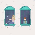 The mood of self-isolation. Create a mood around you. Stay at home. The girl is sitting at the window, and not a happy guy is